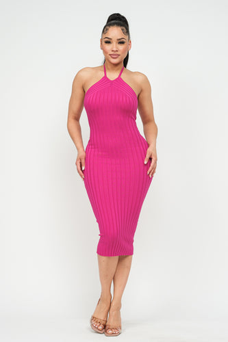 WIDE RIB HALTER NECK MIDI DRESS -