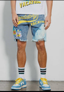 Tropical Vacation Graphic Denim Shorts