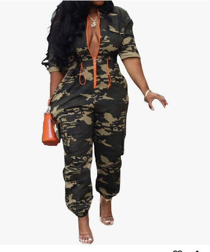 Long Camouflage Drawstring Waist One-Piece Camo Rompers