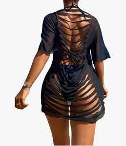 Ocean Mesh Bathing Suit Cover Ups Ripped See Through Swimsuit Short Beach Dres