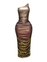 Load image into Gallery viewer, Ombre &amp; Gold Mesh Layered One Shoulder Maxi Dress