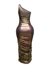 Load image into Gallery viewer, Ombre &amp; Gold Mesh Layered One Shoulder Maxi Dress