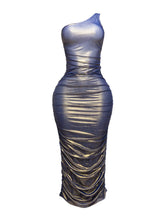 Load image into Gallery viewer, Ombre &amp; Gold Mesh Layered One Shoulder Maxi Dress