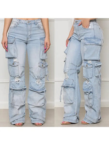 Distressed Denim Cargo Pants