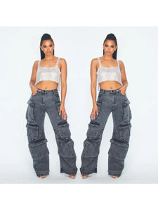 Distressed Denim Cargo Pants