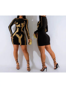 3D Body Print Gold Glitter Print Long Sleeve Mini Dress