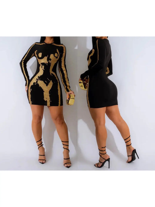 3D Body Print Gold Glitter Print Long Sleeve Mini Dress