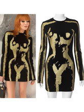 Load image into Gallery viewer, 3D Body Print Gold Glitter Print Long Sleeve Mini Dress