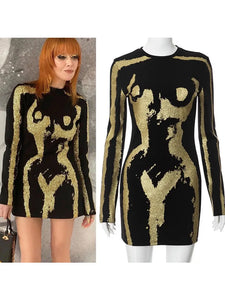 3D Body Print Gold Glitter Print Long Sleeve Mini Dress