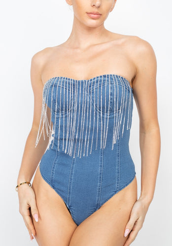 Strapless Rhinestone Denim Bodysuit